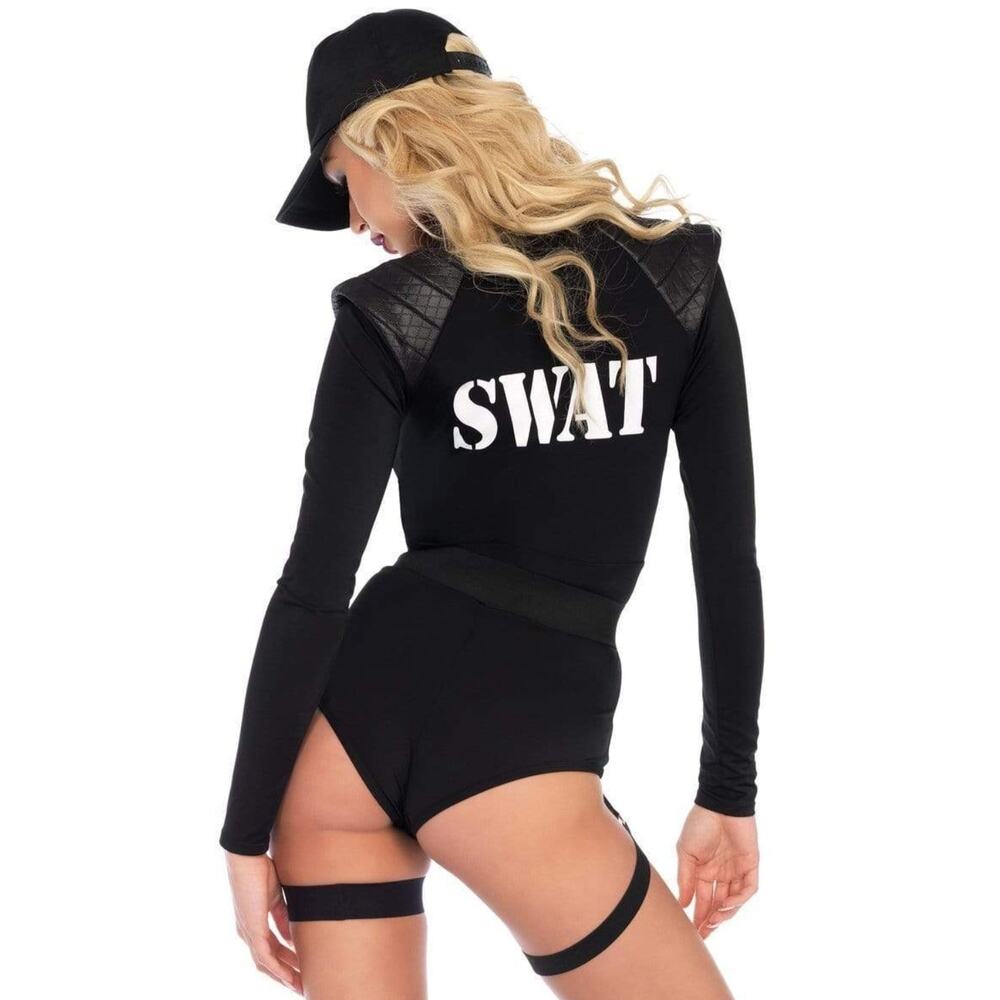 Leg Avenue Black Sexy SWAT Babe Halloween Costume Police Officer Cop Bodysuit - Picture 4 of 8